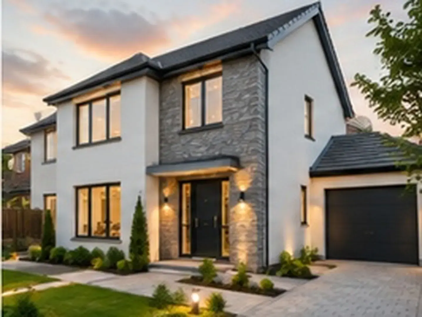 A completed detached home with stone detailing and landscaped frontage