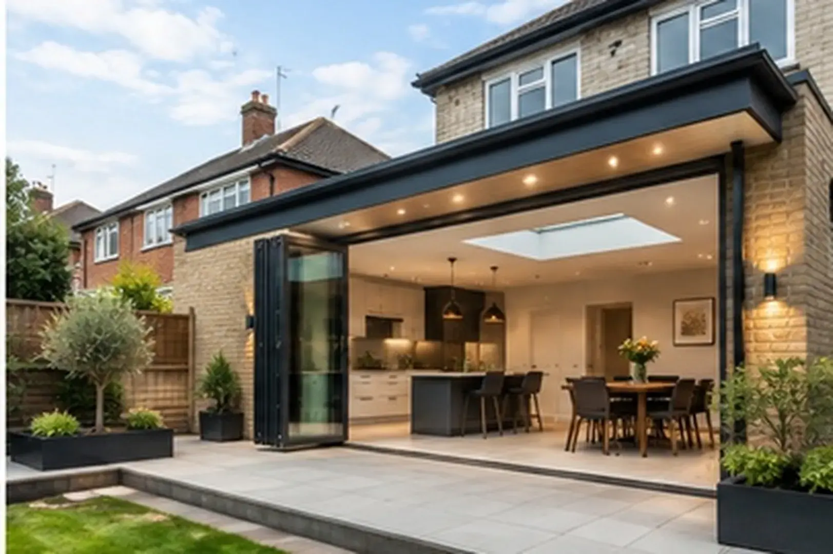 A completed rear home extension opening onto a garden terrace
