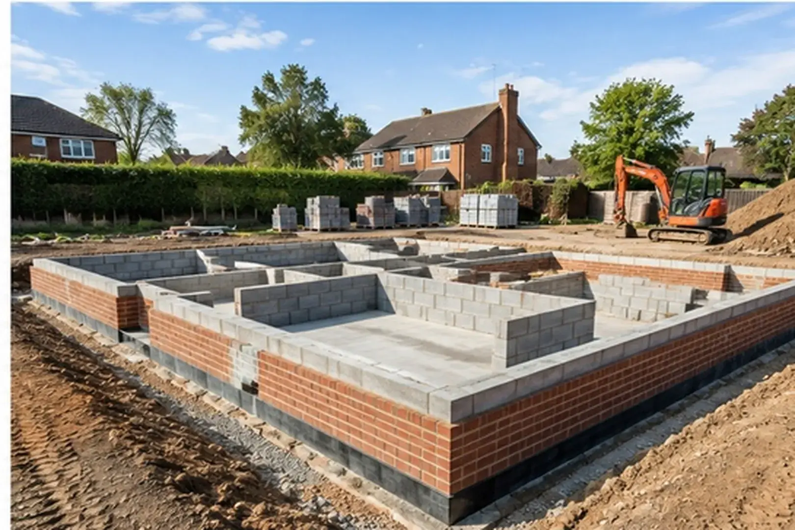 Prepared foundations and masonry at a residential construction site