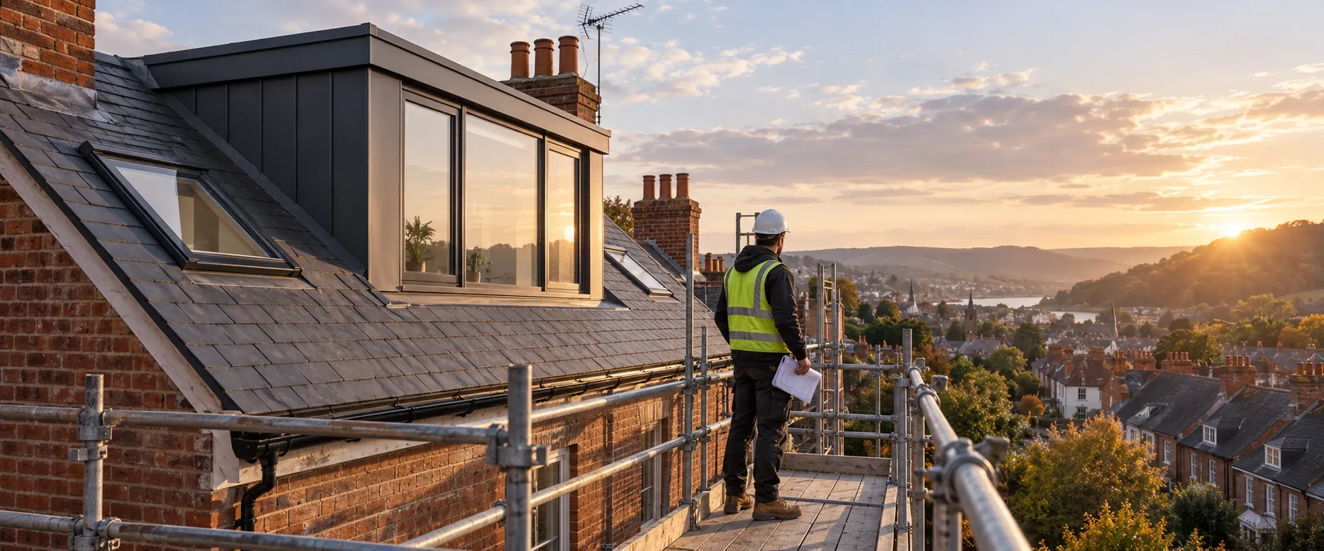 Loft conversion under construction above a town at sunset
