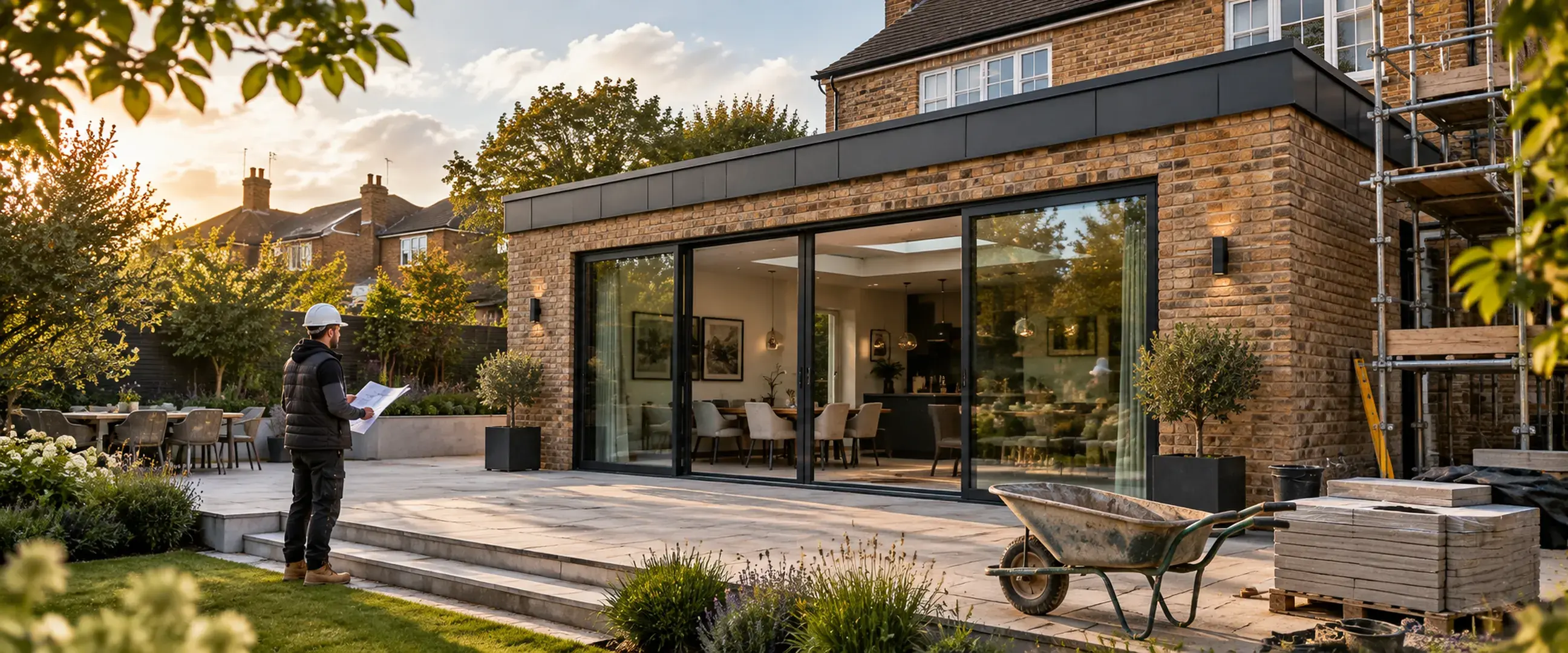 Brick home extension with wide garden-facing glazing under construction