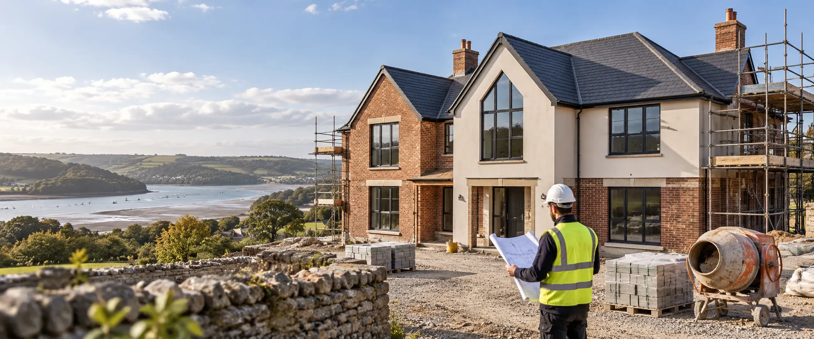Large family home under construction overlooking a rural estuary