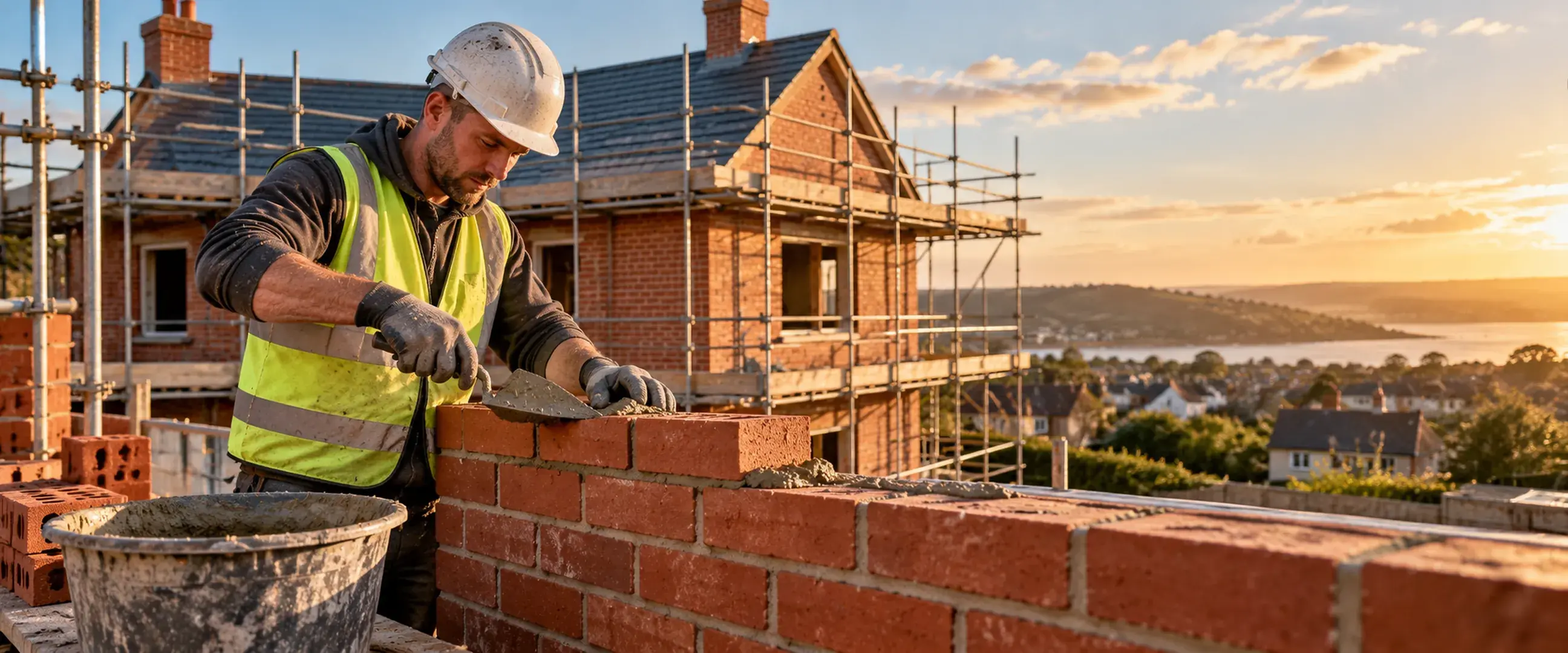 Bricklayer working on a new home in warm evening light