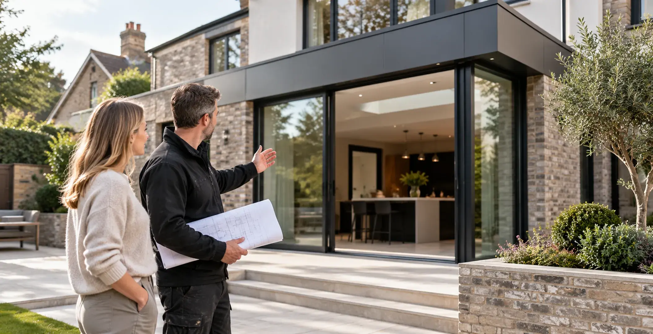 A homeowner and construction professional reviewing a completed contemporary home extension