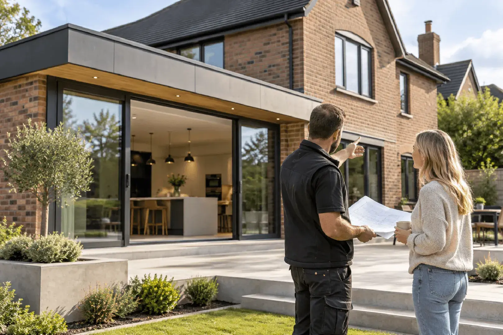 A construction professional and homeowner reviewing plans outside a completed home extension