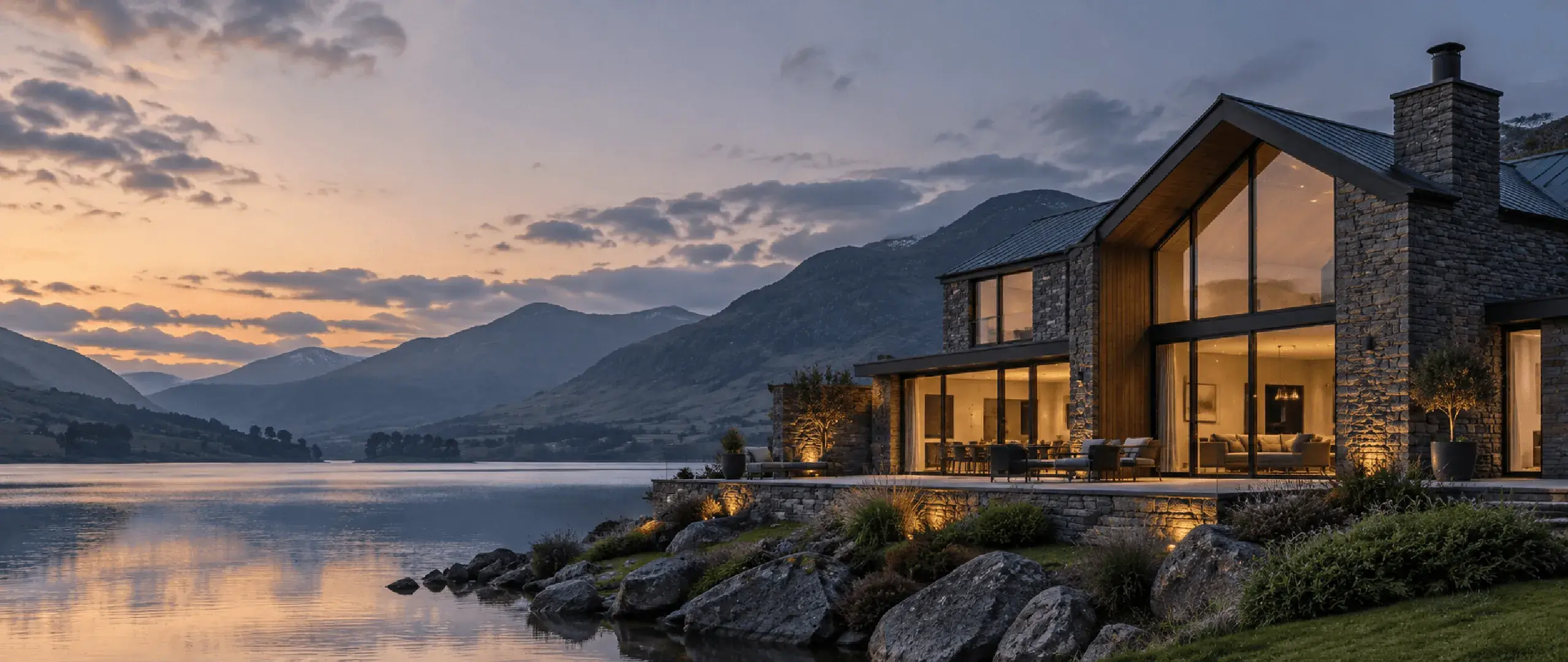 A contemporary home beside a mountain lake at dusk