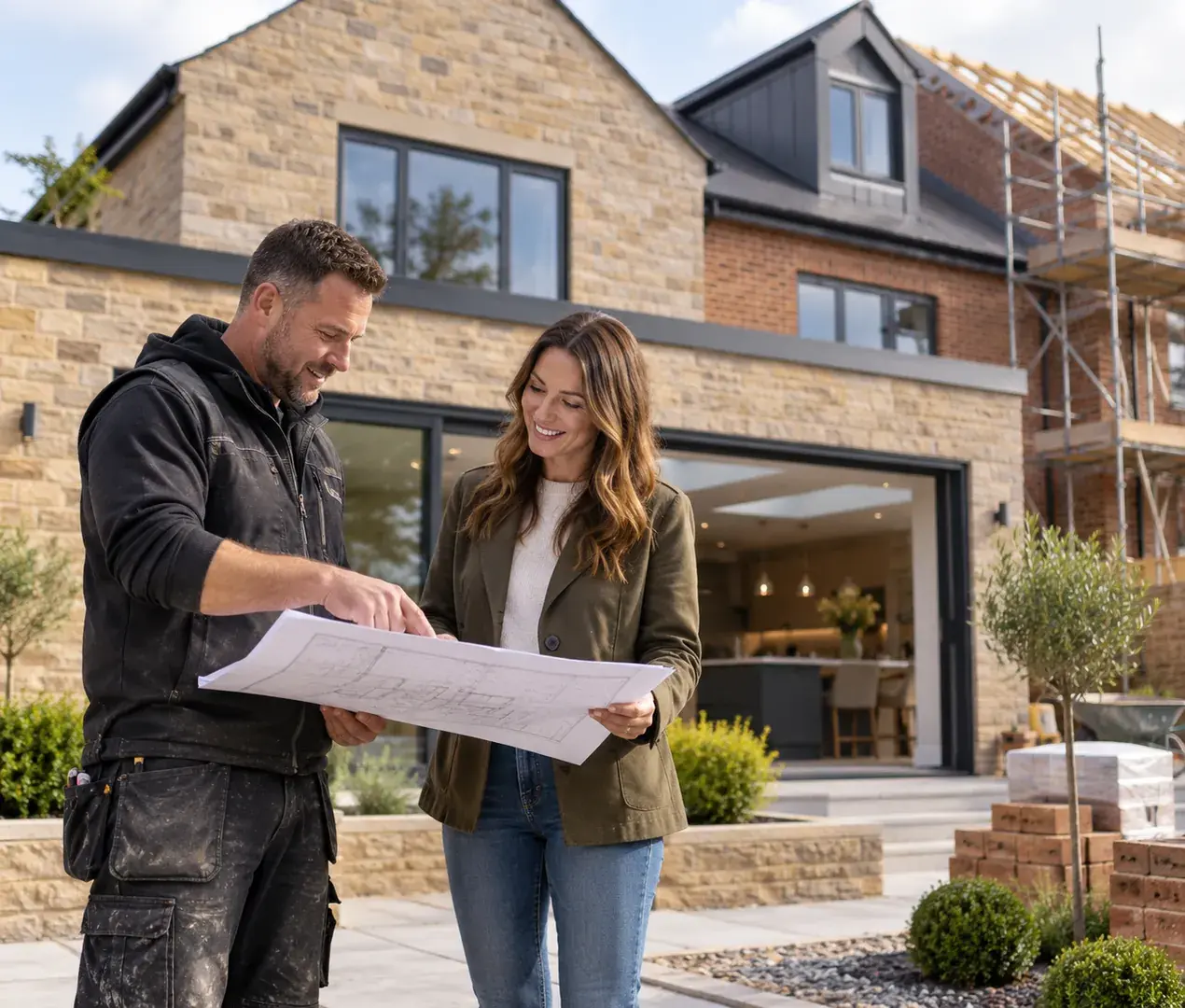 A construction professional discussing plans with a homeowner outside a completed extension